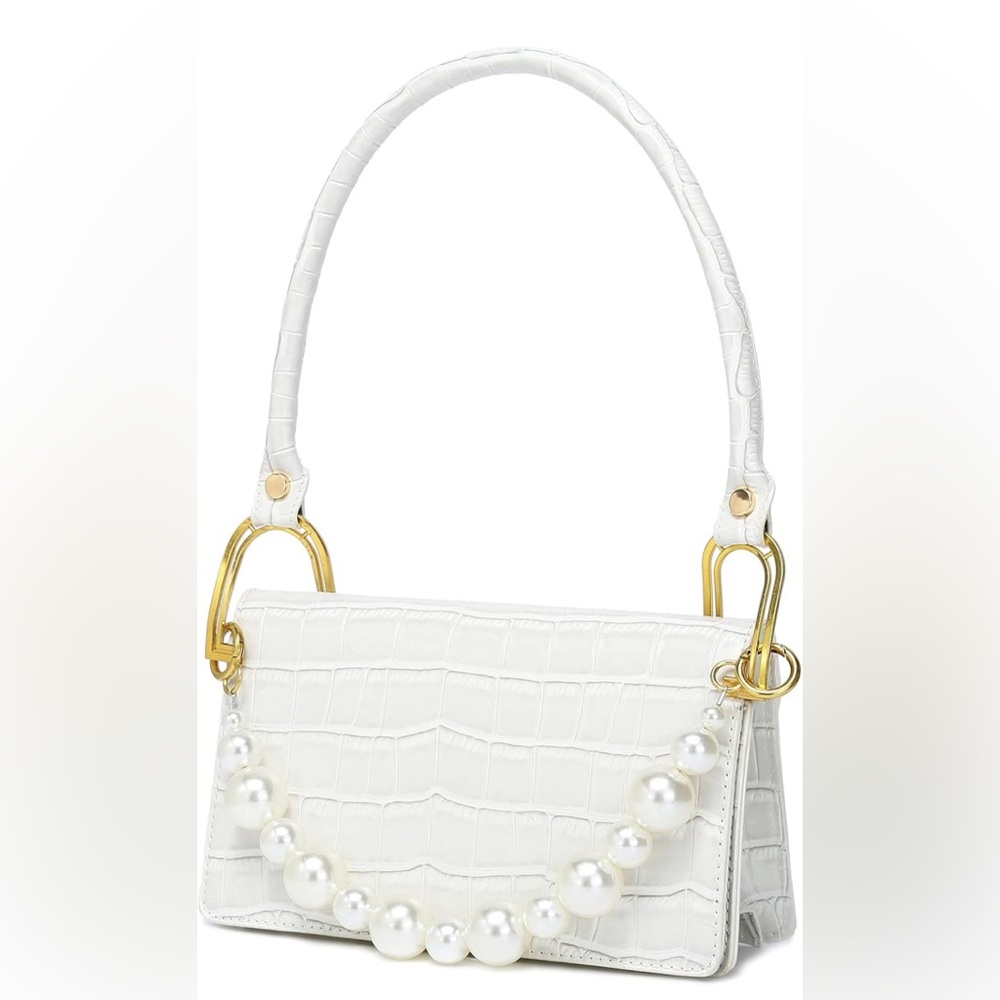 Chic White Croc-Embossed Handbag with Pearl Detail